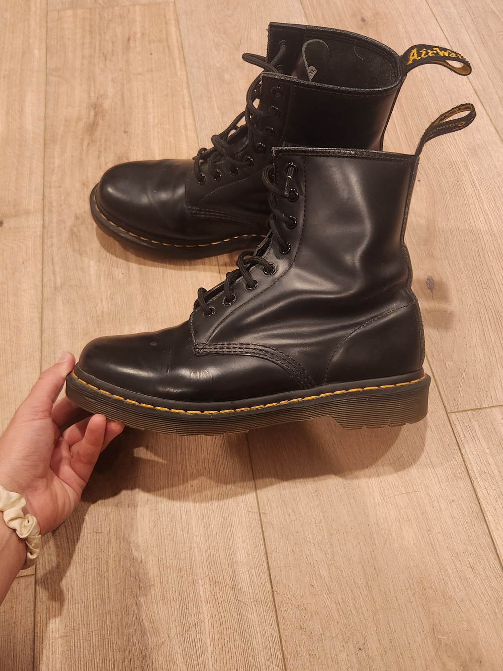 Dr. Martens Black Leather Lace-Up Combat Boots with Yellow Stitching